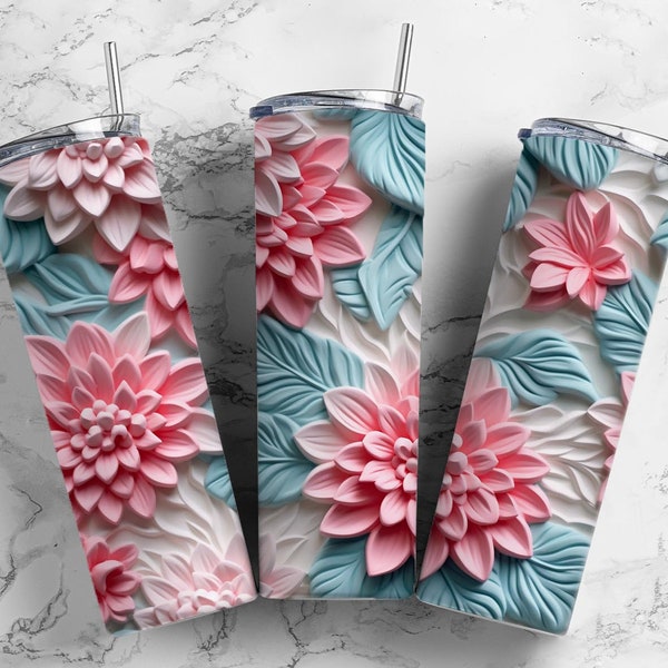 3D Flower Clay Craft Flowers 20oz Sublimation Tumbler Designs, Pastel Colors 9.2 x 8.3" Tumbler Png, Digital Download