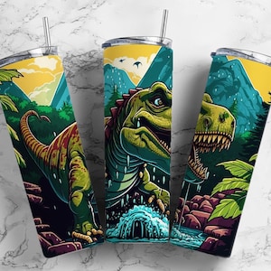 T-rex Dinosaur 20oz Sublimation Tumbler Designs, Kids Jurassic 9.2 x 8.3” Straight Skinny Tumbler Wrap PNG, Sublimation Design PNG