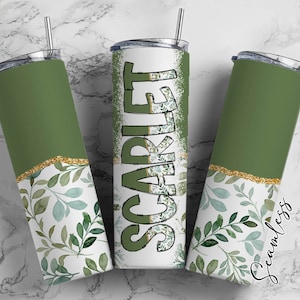 Envoltura de vaso con flores verdes y letras del alfabeto a juego (PNG), estética floral. Agregue su propio nombre. Vaso de 20 oz, Alfabeto PNG Greenery129