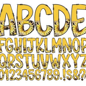 Letras de doodle de girasol, fondo transparente, paquete de alfabeto guardado individualmente, alfabeto doodle completo, números en mayúsculas y minúsculas PNG 158
