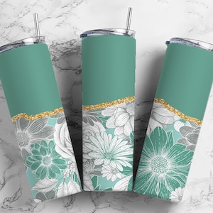 Aesthetic Floral 20oz Sublimation Tumbler Designs, Agate Glitter Green 9.2 x 8.3” Straight Skinny Tumbler Wrap PNG
