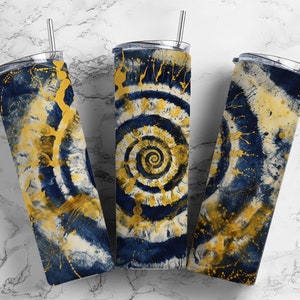 Blue and yellow spiral 20oz Sublimation Tumbler Designs, Paint splatter 9.2 x 8.3” Straight Skinny Tumbler Wrap PNG
