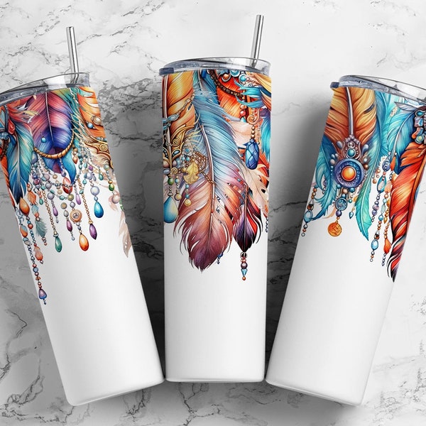 Native American Indian 20oz Sublimation Tumbler Designs, Feather 9.2 x 8.3” Straight Skinny Tumbler, Tumbler Wrap PNG