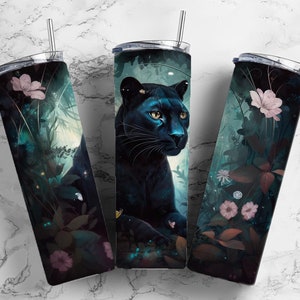 Floral Panther 20oz Sublimation Tumbler Designs, Dark forest 9.2 x 8.3” Straight Skinny Tumbler Wrap PNG