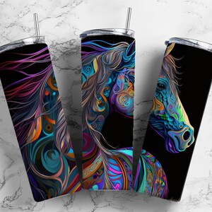 Neon Horse Pony Country and Western 20oz Sublimation Tumbler Designs, Patterned rainbow 9.2 x 8.3” Straight Skinny Tumbler Wrap PNG