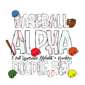 Baseball Doodle Letters with Clipart, Baseball Clipart, Sport Clipart Sublimation PNGs, Entire Doodle Alphabet Uppercase and Numbers PNG