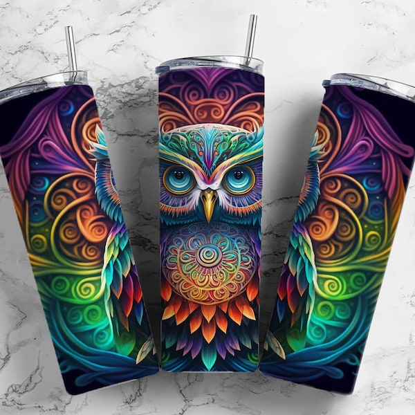 Rainbow owl 20oz Sublimation Tumbler Designs, Colorful neon 9.2 x 8.3” Straight Skinny Tumbler Wrap PNG