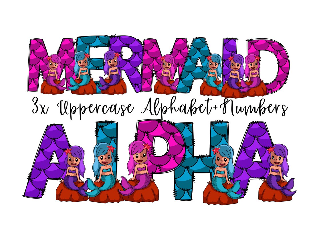 Mermaid Doodle Letters, Mermaid Alphabet, Mermaid Alphabet PNG, Entire