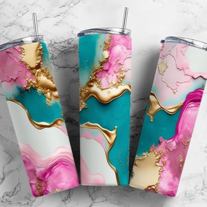 Pink and gold 20oz Sublimation Tumbler Designs, Colorful teal 9.2 x 8.3” Straight Skinny Tumbler Wrap PNG