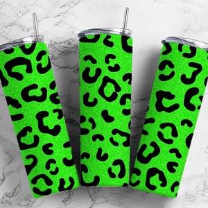 neon green 20oz Sublimation Tumbler Designs, Leopard print 9.2 x 8.3” Straight Skinny Tumbler Wrap PNG