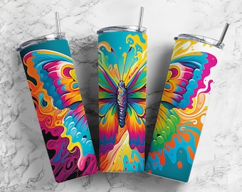 Rainbow Butterfly 20oz Sublimation Tumbler Designs, Alcohol Ink Hippie  9.2 x 8.3” Straight Skinny Tumbler Wrap PNG, Sublimation Design PNG