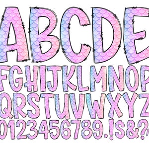Pink Mermaid Glitter Doodle Letters, Transparent Background, Individually Saved Alpha, Entire Doodle Alphabet Uppercase Lowercase Number