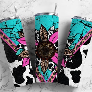 Turquoise edelsteen koe 20oz sublimatiebekerontwerpen, westerse zonnebloem 9,2 x 8,3" rechte skinny bekerwikkel, png, sublimatieontwerp
