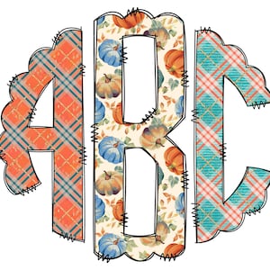 Letras monograma de otoño a cuadros, elementos PNG de sublimación boho, paquete de garabatos alfa dibujados a mano, fuente PNG de sublimación de tartán de calabaza con diseño floral