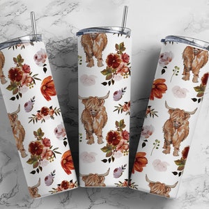 Highland Cow Floral 20oz sublimatie bekerontwerpen, Boho Flower 9,2 x 8,3" rechte magere beker, minimalistische wrap, PNG digitale download