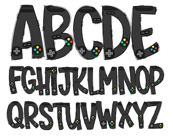 May include: An alphabet of letters, each styled as a video game controller. The letters are dark grey with black outlines, and feature colourful buttons and directional pads. The design is playful and suitable for gaming-themed projects.