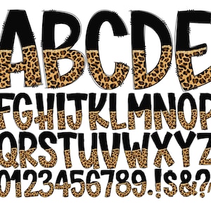 Letras de doodle con estampado de leopardo, fondo transparente, paquete alfa guardado individualmente, números mayúsculas y minúsculas del alfabeto de doodle completo PNG