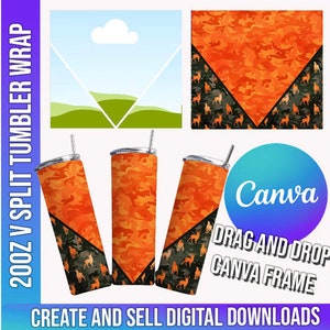 Puede incluir: Un diseño de descarga digital para una envoltura de vaso dividido de 20 oz. El diseño presenta un patrón de camuflaje en naranja y negro con un patrón de silueta de ciervo. El texto "Canva DRAG AND DROP CANVA FRAME CREATE AND SELL DIGITAL DOWNLOADS" es visible en la imagen.