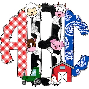 Letras de monograma de fazenda, pacote de doodle alfa de sublimação de animais de fazenda PNG, fonte de sublimação de fazendeiro PNG floral, monograma infantil
