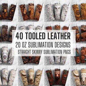40 3D Tooled Leather PNG Bundle ,Straight Tumbler, Design Bundle, Rustic West 20oz Straight Tumbler, Tumbler Wrap, Digital Download