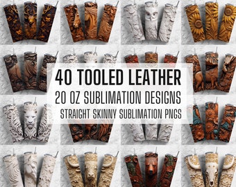 40 3D Tooled Leather PNG Bundle ,Straight Tumbler, Design Bundle, Rustic West 20oz Straight Tumbler, Tumbler Wrap, Digital Download