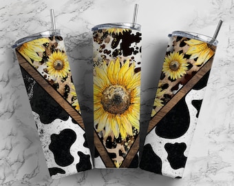 Sonnenblumenkuh 20 Unzen Sublimationsbecher Designs, Country Western 9,2 x 8,3 ”gerade dünne Becherverpackung PNG 92