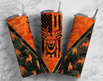 Deer Hunting 20oz Sublimation Tumbler Designs, Camo Orange 9.2 x 8.3” Straight Skinny Tumbler Wrap, Mens Tumbler, Horns