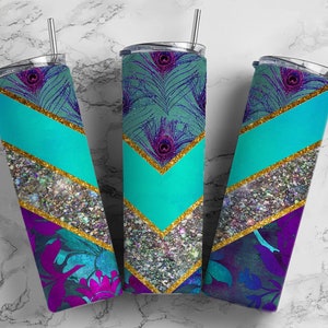 Peacock Teal 20oz Sublimation Tumbler Designs, Neon Glitter 9.2 x 8.3” Straight Skinny Tumbler Wrap, Purple Aesthetic Tumbler