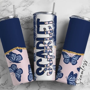Envoltura de vaso con forma de mariposa retro con letras del alfabeto a juego PNG, vaso estético de 20 oz con tu propio nombre, juego Alpha PNG 79