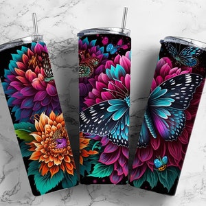 Butterfly floral 20oz Sublimation Tumbler Designs, neon flowers 9.2 x 8.3” Straight Skinny Tumbler Wrap PNG
