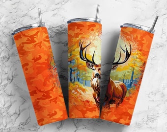 Hunter Safety Orange Deer Hunting Camo 20oz Sublimation Tumbler Designs,  9.2 x 8.3” Straight Skinny Tumbler Wrap PNG, Digital Download