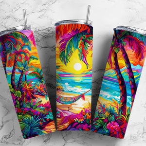 sunset ocean 20oz Sublimation Tumbler Designs, beach palm trees 9.2 x 8.3” Straight Skinny Tumbler Wrap PNG