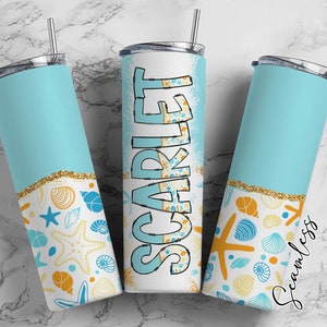 Envoltorio para vaso Sea Life con alfabeto de letras garabato a juego PNG, estética oceánica, agregue su propio nombre, vaso de 20 oz, juego Beach Alpha PNG 180