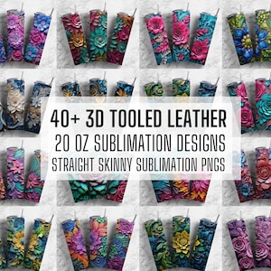 40 3D Tooled Leather Floral PNG Bundle ,Straight Tumbler, Design Bundle, Rustic West 20oz Straight Tumbler, Tumbler Wrap, Digital Download