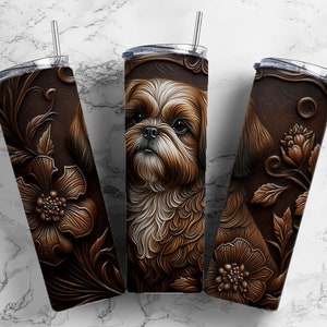 Tooled leather shih tzu 20oz Sublimation Tumbler Designs, Engraved leather 9.2 x 8.3” Straight Skinny Tumbler Wrap PNG