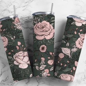 White rose floral 20oz Sublimation Tumbler Designs, Dark botanical 9.2 x 8.3” Straight Skinny Tumbler Wrap PNG