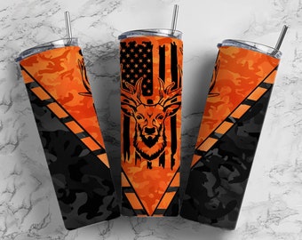 Deer Hunting 20oz Sublimation Tumbler Designs, Camo Orange 9.2 x 8.3” Straight Skinny Tumbler Wrap, Mens Tumbler, Black Camo