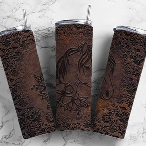Horse Tooled Leather 20oz Sublimation Tumbler Wrap Designs, 9.2 x 8.3” Straight Skinny Tumbler PNG Digital Download