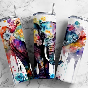 Watercolor elephant 20oz Sublimation Tumbler Designs, Rainbow floral 9.2 x 8.3” Straight Skinny Tumbler Wrap PNG