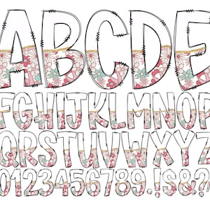 Letras de doodle de flores, fondo transparente, paquete alfa guardado individualmente con flores, alfabeto doodle completo, números en mayúsculas y minúsculas PNG56