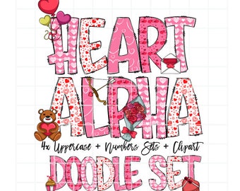 Love Doodle Letters, Heart Alphabet, Love Heart Alphabet PNG, Entire Doodle Alphabet Uppercase Lowercase Numbers PNG