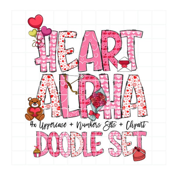 Love Doodle Letters, Heart Alphabet, Love Heart Alphabet PNG, Entire Doodle Alphabet Uppercase Lowercase Numbers PNG