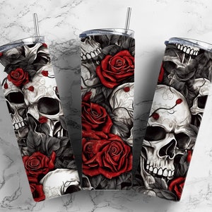 Skull and roses 20oz Sublimation Tumbler Designs, Skeleton floral 9.2 x 8.3” Straight Skinny Tumbler Wrap PNG
