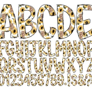Letras de doodle de girasol de vaca de las tierras altas, fondo transparente, alfabeto guardado individualmente, alfabeto doodle completo, números en mayúsculas y minúsculas