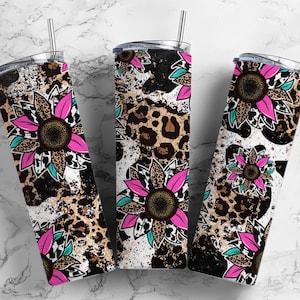 Sunflower Cow 20oz Sublimation Tumbler Designs, Western Leopard Print 9.2 x 8.3” Straight Skinny Tumbler Wrap PNG, Sublimation design