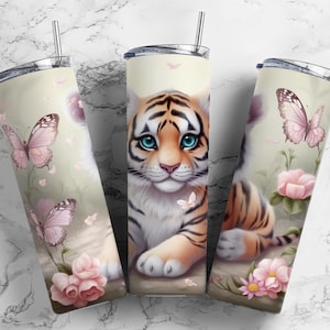 Tiger cub 20oz Sublimation Tumbler Designs, Garden butterfly 9.2 x 8.3” Straight Skinny Tumbler Wrap PNG