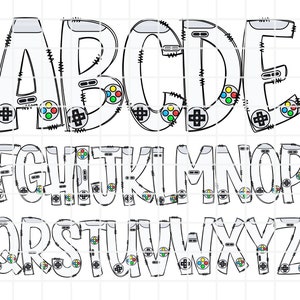 Letras de doodle de videojuegos, alfabeto de gamer, alfabeto de juegos PNG, alfabeto de doodle completo, números en mayúsculas y minúsculas PNG
