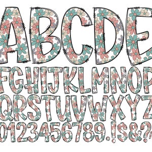 Letras de doodle de flores retro, fondo transparente, paquete de alfabeto guardado individualmente, alfabeto doodle completo, números en mayúsculas y minúsculas PNG