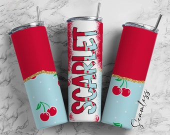 Red Cherry Tumbler Wrap with Matching Doodle Letter Alphabet PNG, Red and Blue  Add your Own name 20oz Tumbler, Alpha Set PNG 50