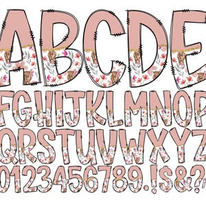 Letras de doodle de vaca de las tierras altas, fondo transparente, paquete alfa guardado individualmente, alfabeto doodle completo, números en mayúsculas y minúsculas PNG 32
